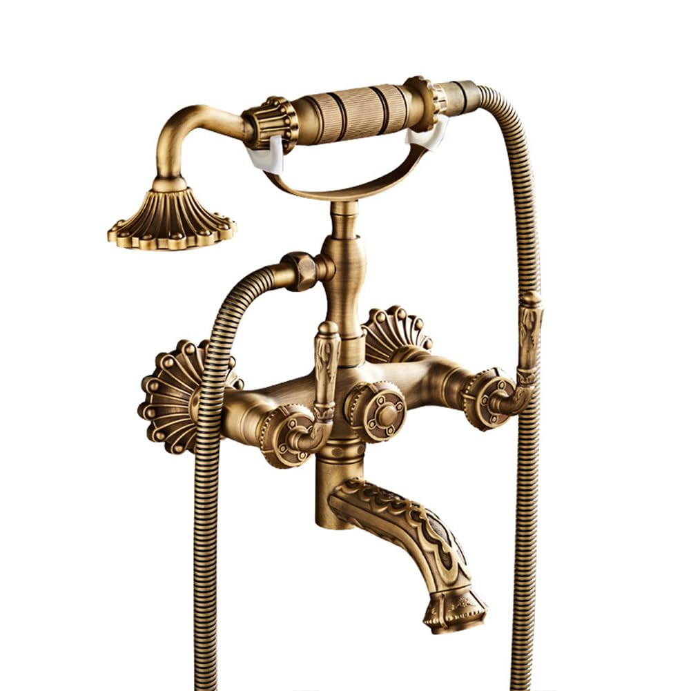SBCGFY Vintage Brass Bath Shower Mixer Tap - Wall Mounted Bathtub Faucet With Dual Handles, Handshower & 1.5M Hose - Antique Style Bathroom Tub Taps For Elegant Decor,A