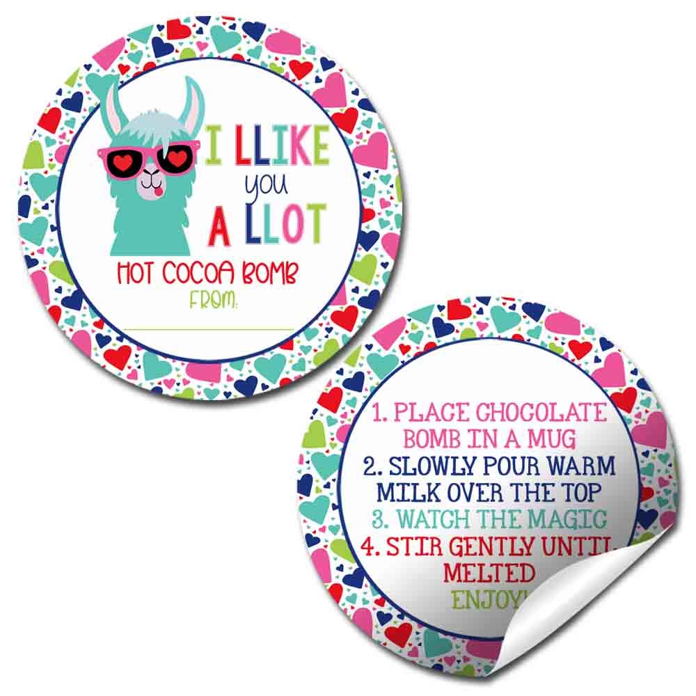 I Like You A Lot Llama Themed Hot Cocoa Bomb Packaging Sticker Labels for Valentine's Day, Total of 40 2" Circle Stickers (20 Sets of 2) by