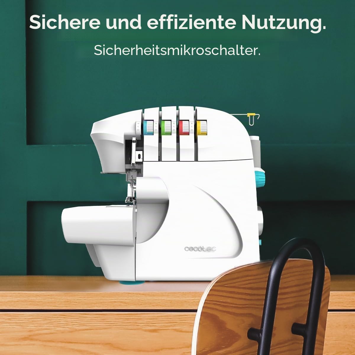 Cecotec Nähmaschine, Overlock BelleCouture, 1100 U/min Geschwindigkeit, verstellbarer Nähfußdruck, Differentialtransport, 4-Faden-Stichfunktionen und Zubehörkit
