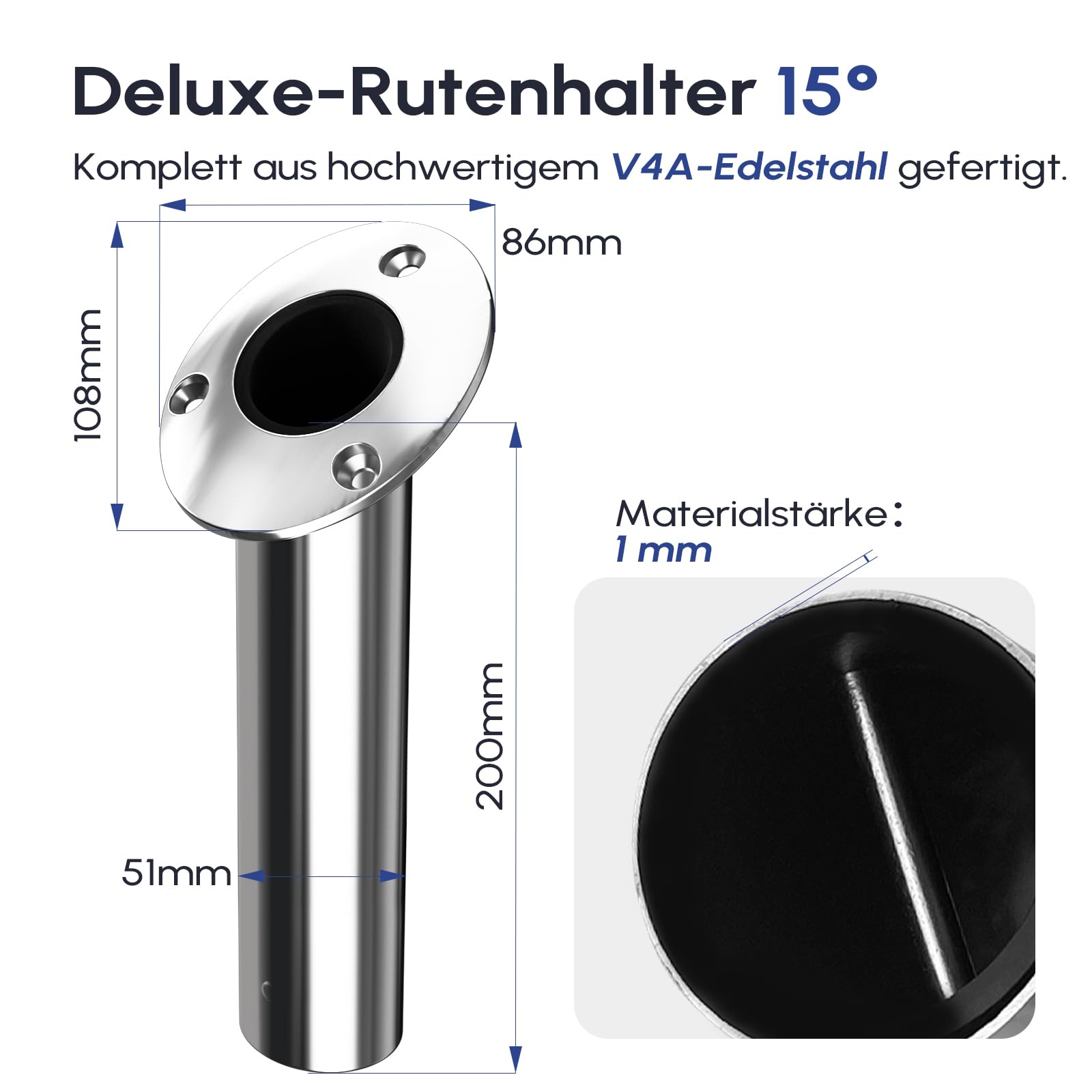Angelrutenhalter 2er-Pack, 316 Edelstahl 15°/30°/90° Rutenhalter für Angelboote, bündige Montage mit Verschlusskappe, schwere Ausführung