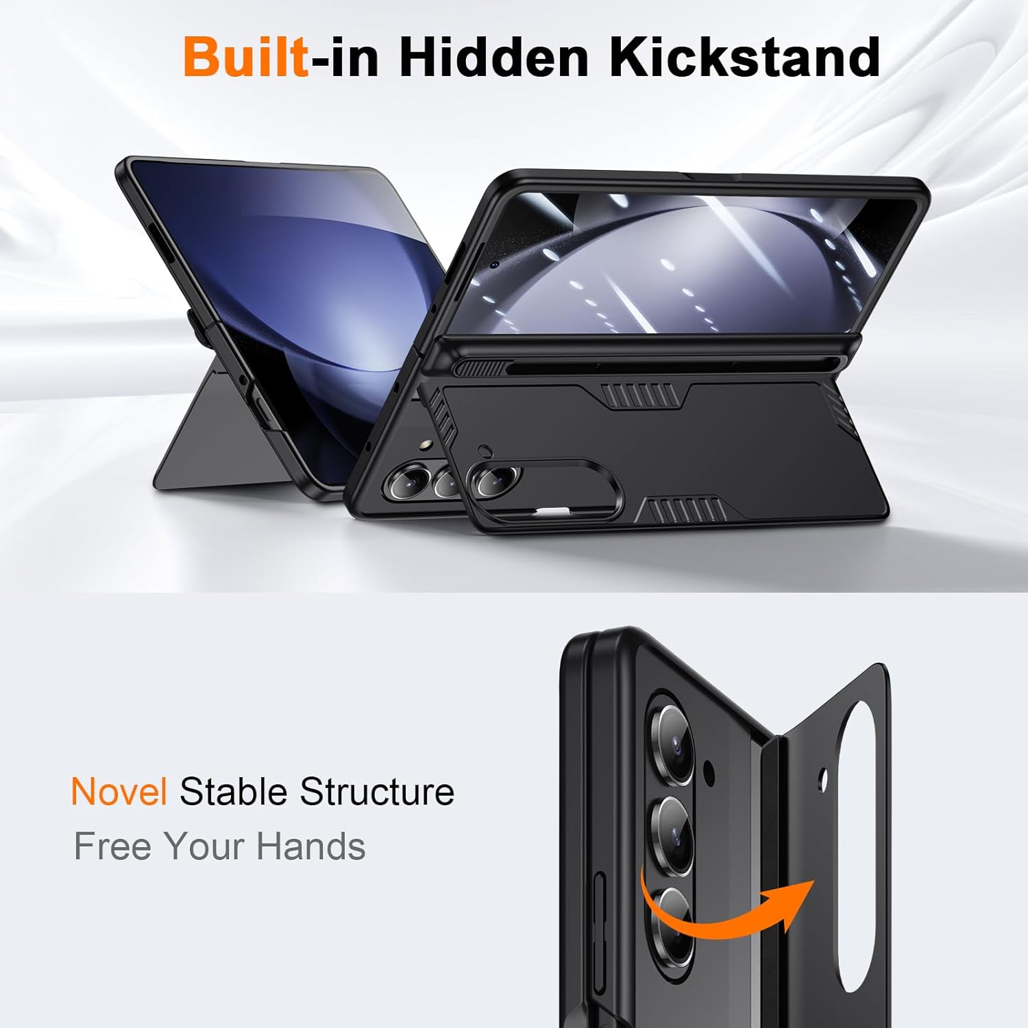 for Samsung Galaxy Z-Fold-5 Stand Case: with Slim S Pen Holder (Not Include Pen), Built-in Screen Protector, Hidden Kickstand, Hinge Protection, Wireless Charging for ZFold 5 Phone Cover (Black)