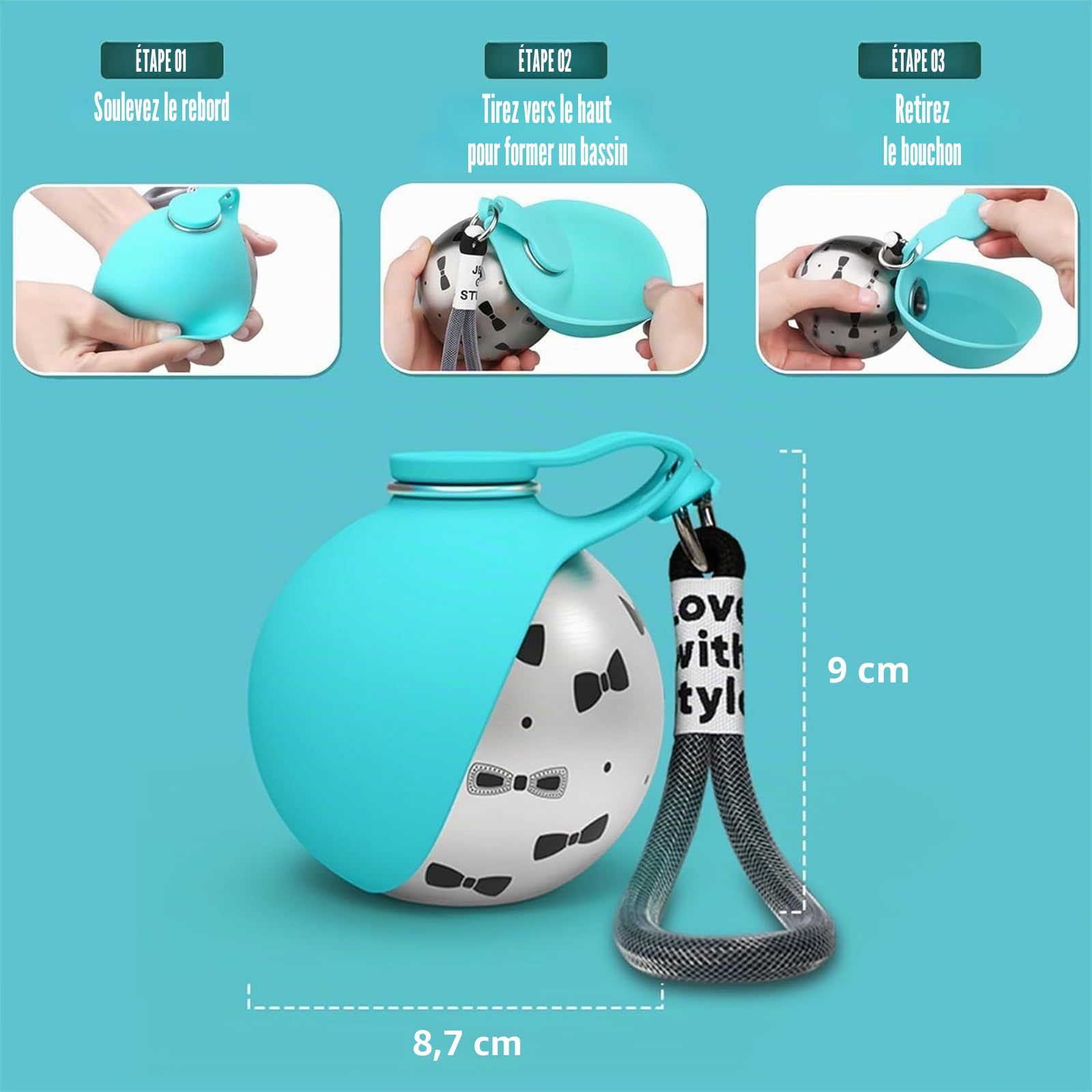 Gourde pour Chien pour Les déplacements, Bouteille d'eau Portable pour Animaux de Compagnie, en Acier Inoxydable,285ML Compacte pour Chiens et Chats,Gourde Anti-Fuite avec Gamelle Pliable en Silicone