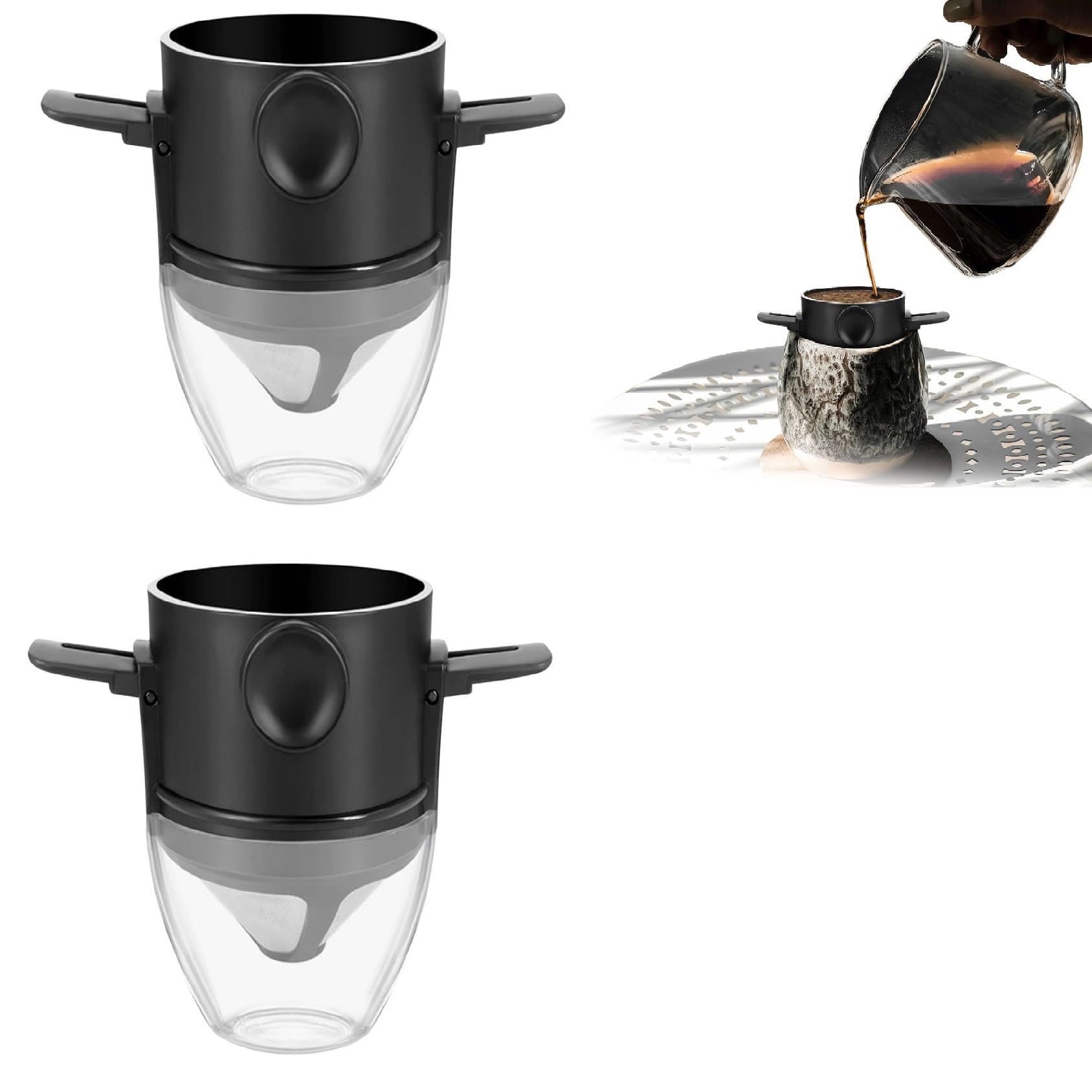 Pour Over Kaffeemaschine, wiederverwendbarer Edelstahl-Kegel-Tropfer mit Filter und Reinigungsbürste für Zuhause, Büro und Reisen – 1–2 Tassen Kapazität