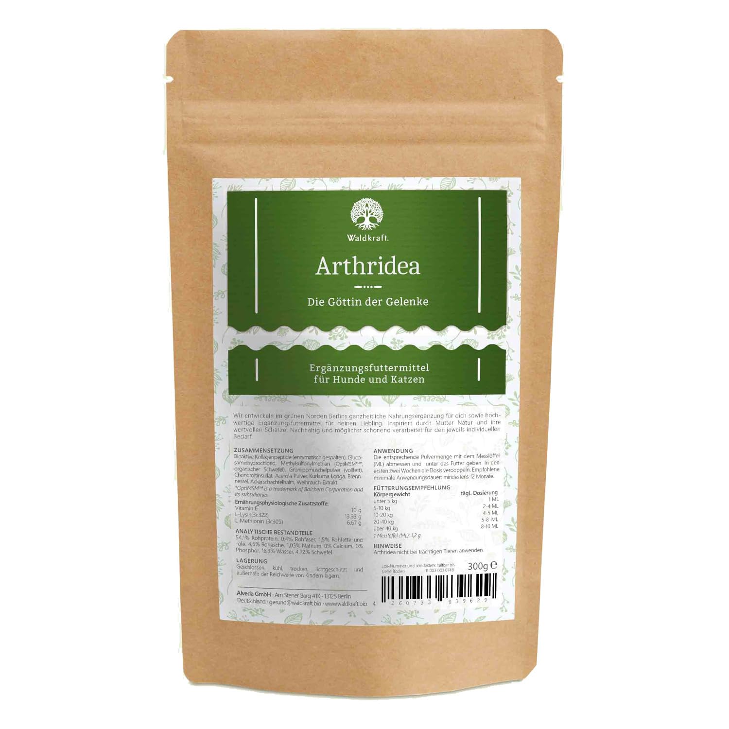 Waldkraft Arthridea Nachfüllpack | Gelenkkomplex für Hunde & Katzen | Mit MSM, Glucosamin, Chondroitin, Kollagen, Grünlippmuschel, Kurkuma & Weihrauch | 300 g Pulver