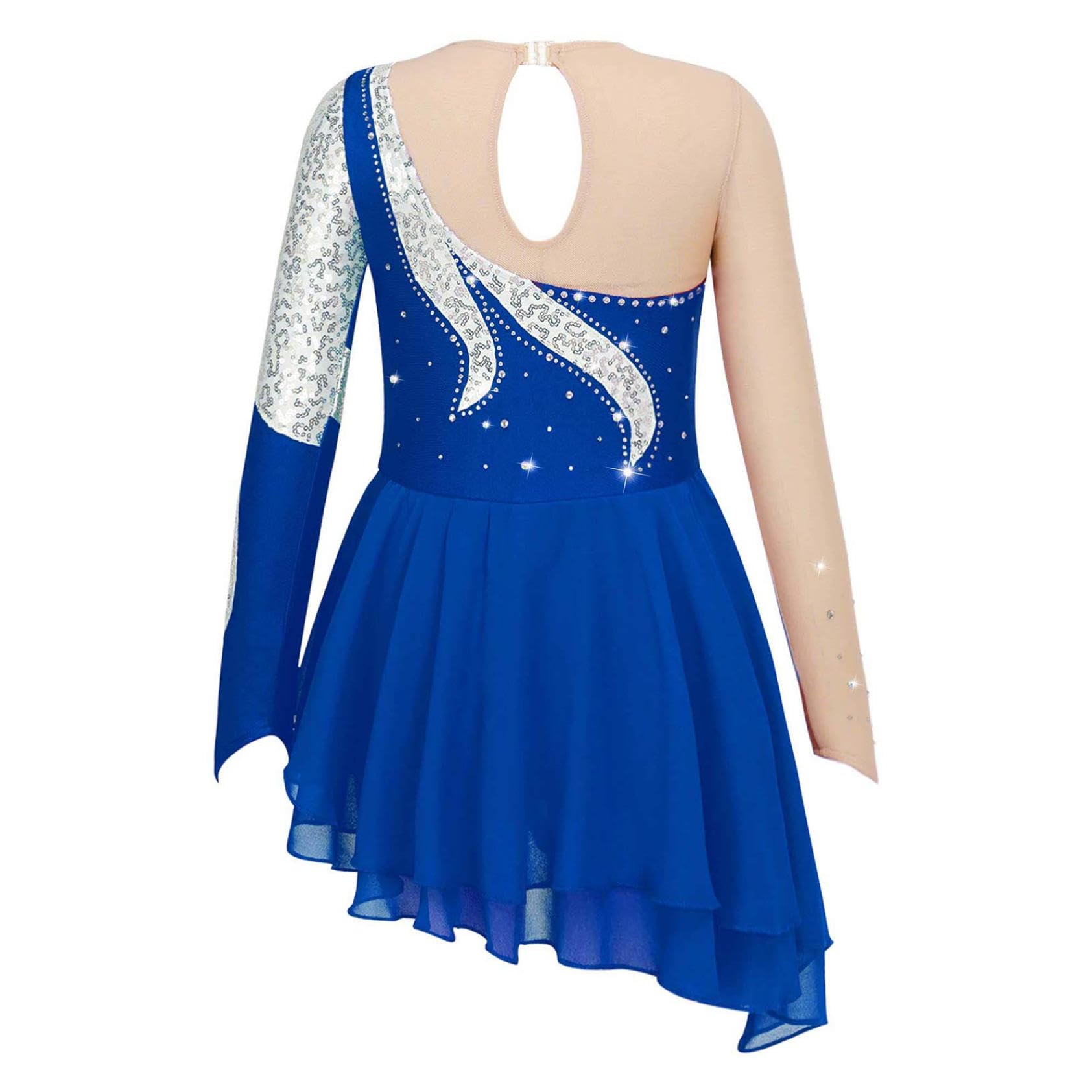 Bambino Ragazza Vestito Pattinaggio di Artistico Asimmetrico Manica Lunga Body Danza Pattinaggio Ginnastica Costume Spettacolo Competizione 5-16 Anni
