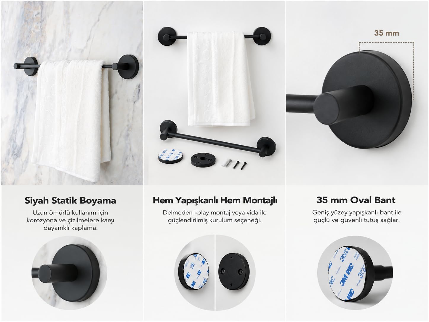Lotus Siyah Uzun Havluluk, Yapışkanlı ve Vidalı Montajlı Havlu Askısı, Mat Siyah Statik Boyama, 35 mm Oval Bantlı Banyo Havlu Tutucu