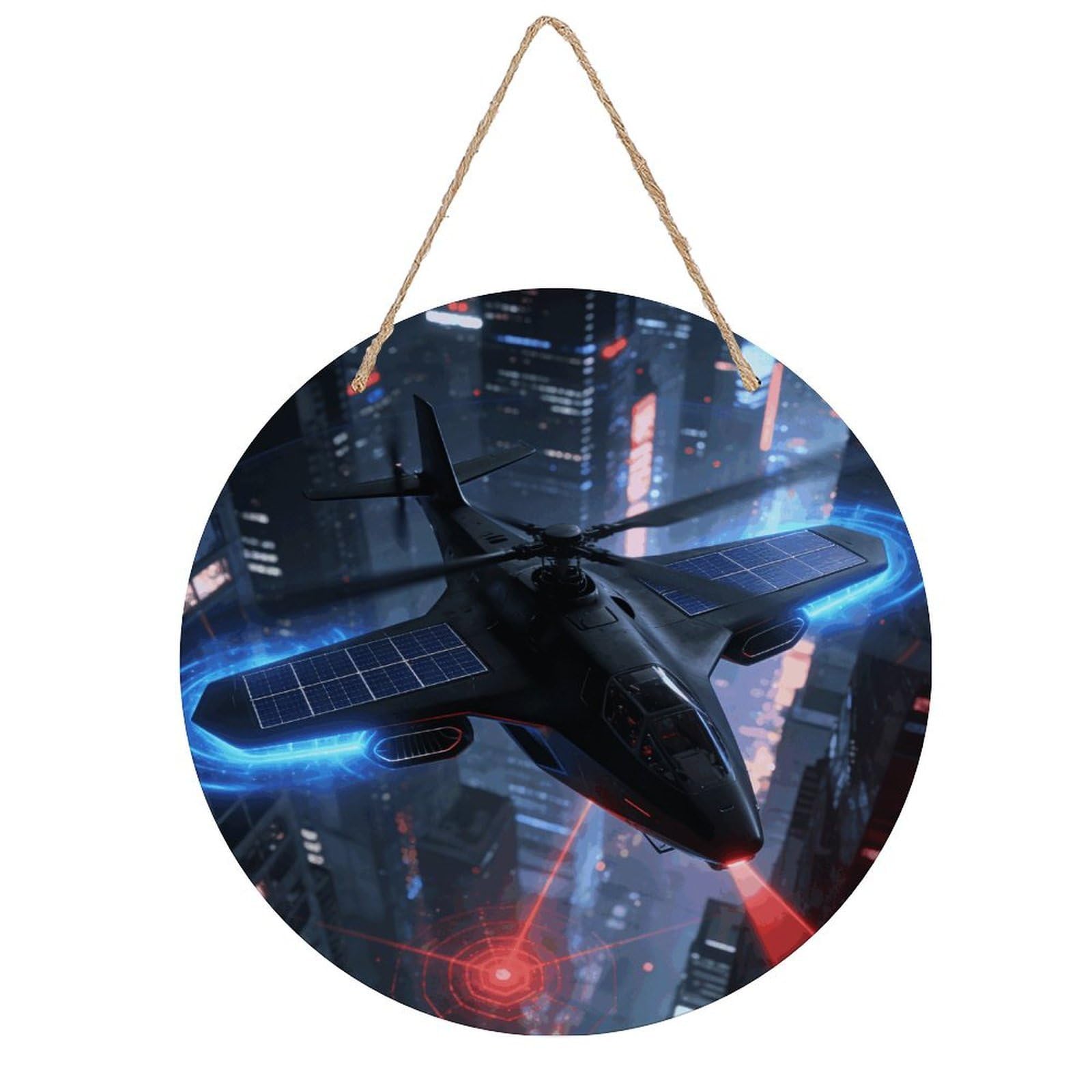 LZQPOEAS Helicopter Round Wood Wall Art Painting, 7.9 Inch Circular Wooden Door Hanger Decorative Paintings, Rope-Hanging Wooden Wall Plaque for Home Decor And Office Party