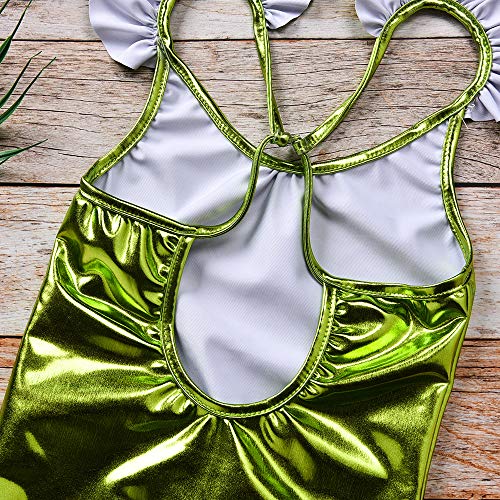 Newborn Baby Girls Onepiece Glitter Solid Swimsuit Backless Halter Ruffles Beachwear Bathing Suit (Light Green, 12-18 Months) - Thumbnail 6