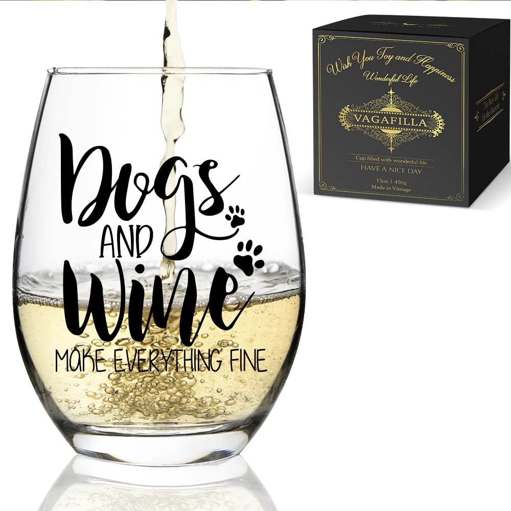 Dogs and Wine Make Everything Fine Wine Glass 15oz, Stemless Wine Glass for Dog Lovers, Funny Dog Themed Wine Glass Gift,Dog Mom Gifts For Women Man Friends Sisters Grandma Wife-11