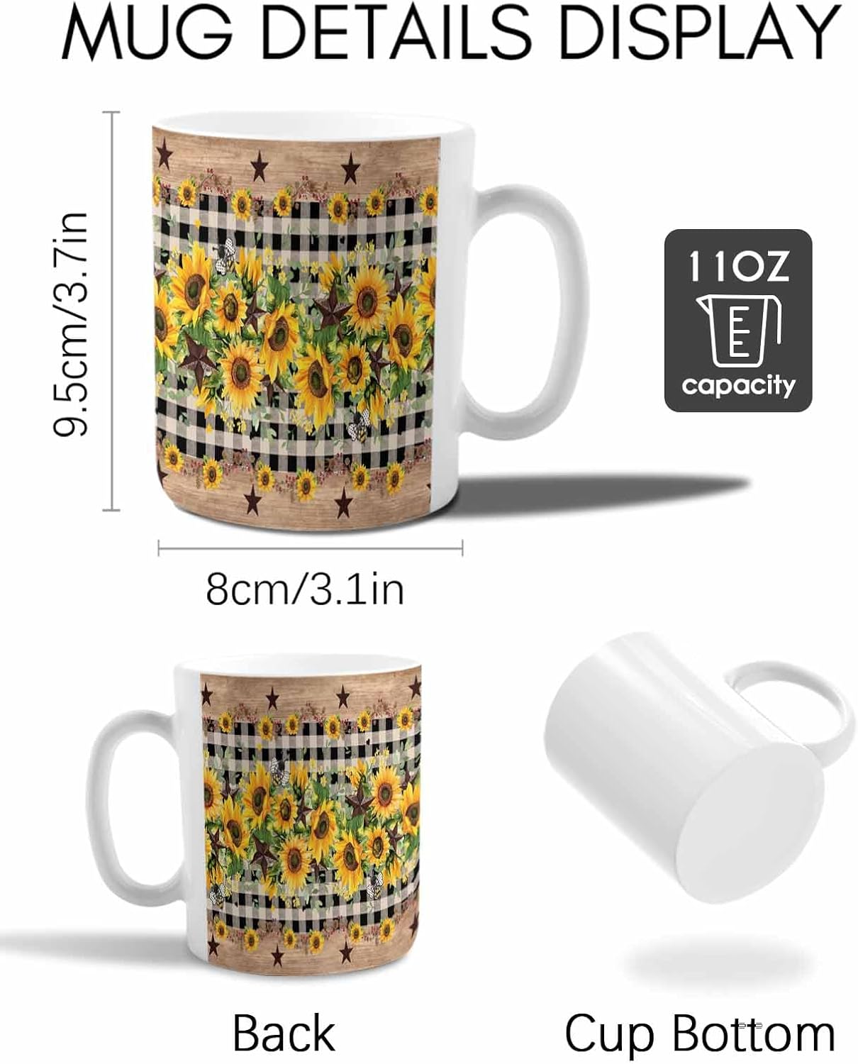 BEMIGO Ceramic Coffee Mug Country Star Sunflower Ceramic Mug White Cup, Vintage Buffalo Plaid Insulated Coffee Cup with Handle with Pattern Perfect for Tea and Hot Beverages, 12oz