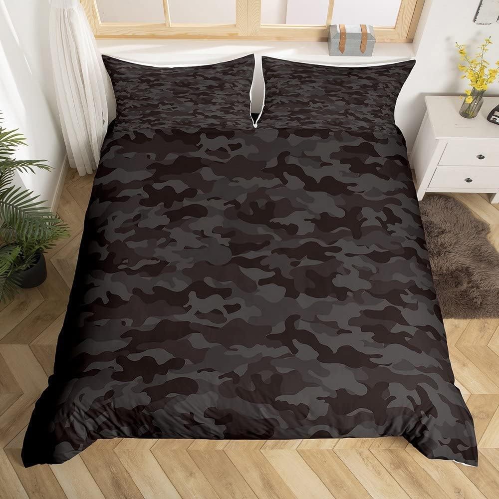 Homewish Black Grey Camo Duvet Cover Camouflage Comforter Cover Double Size For Kids Boys Teens Youth Bedroom Abstract Campaign Camo Bedding Set Soft Microfiber Quilt Cover With 2 Pillow Case