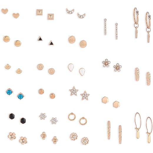 Gold Tone Studs & Hoop Earrings Set of 25