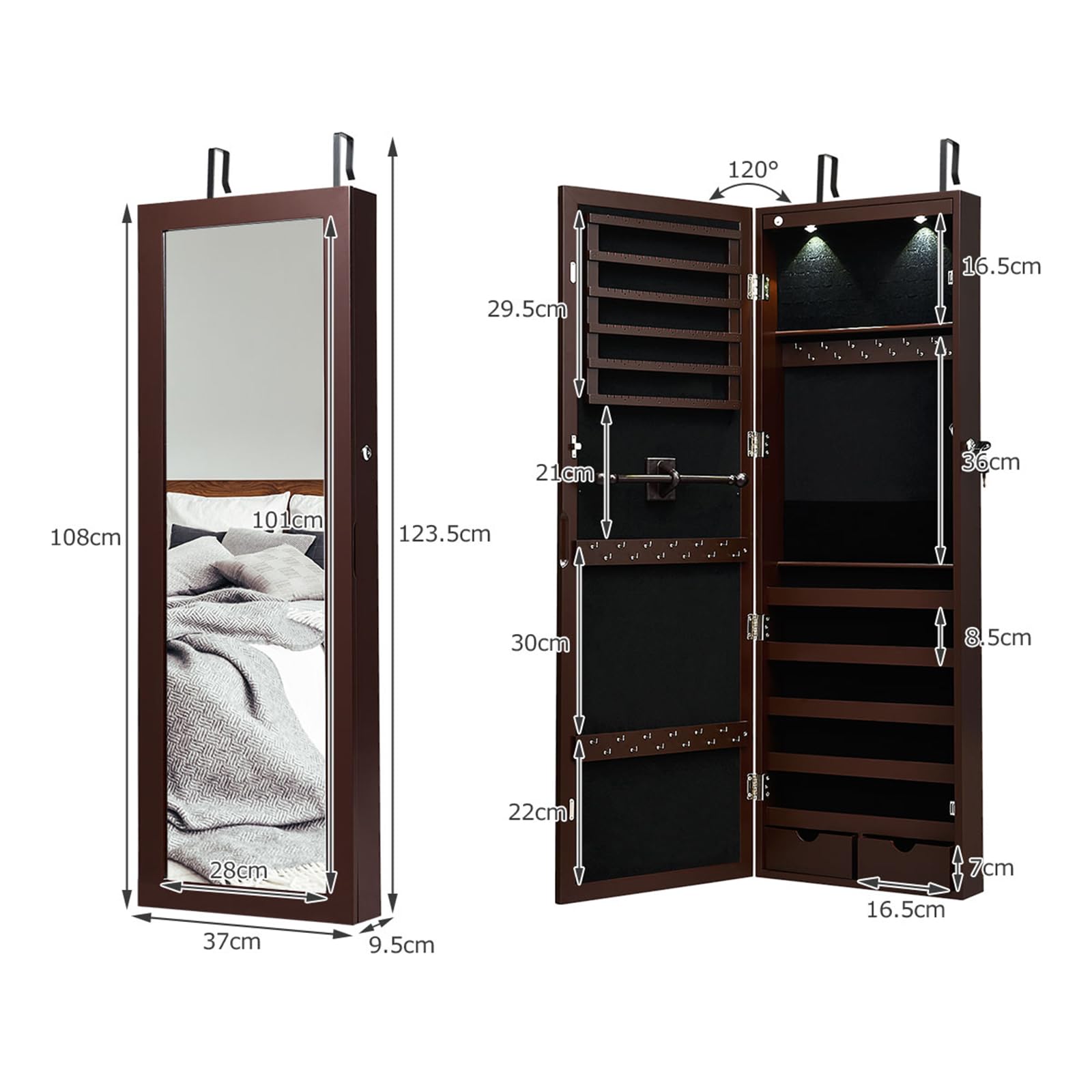 COSTWAY Armadio per Gioielli con 2 luci LED, con Specchio a Figura, Organizer Montato al Muro con Ganci Regolabili per Appendere, Armadio Portagioie per Truccarsi (Marrone)