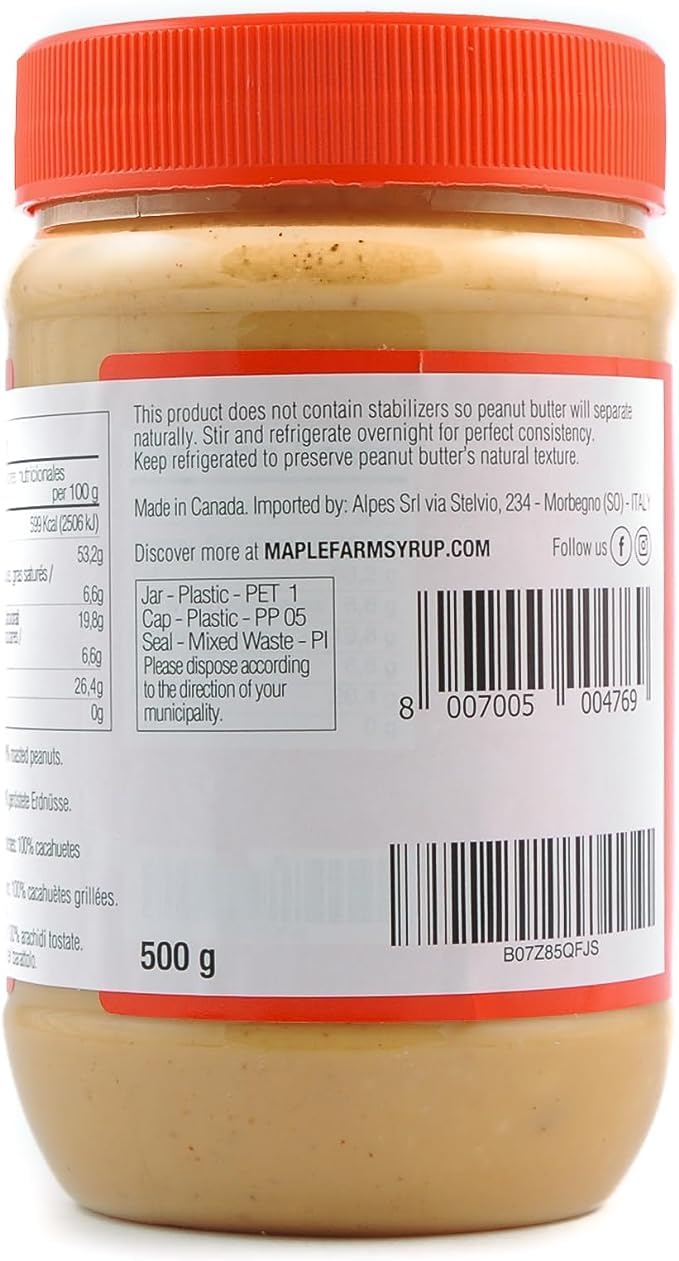 MapleFarm - 100% Puro Burro d'arachidi croccante 1 x 500g - Crema proteica e naturale - Crunchy peanut butter