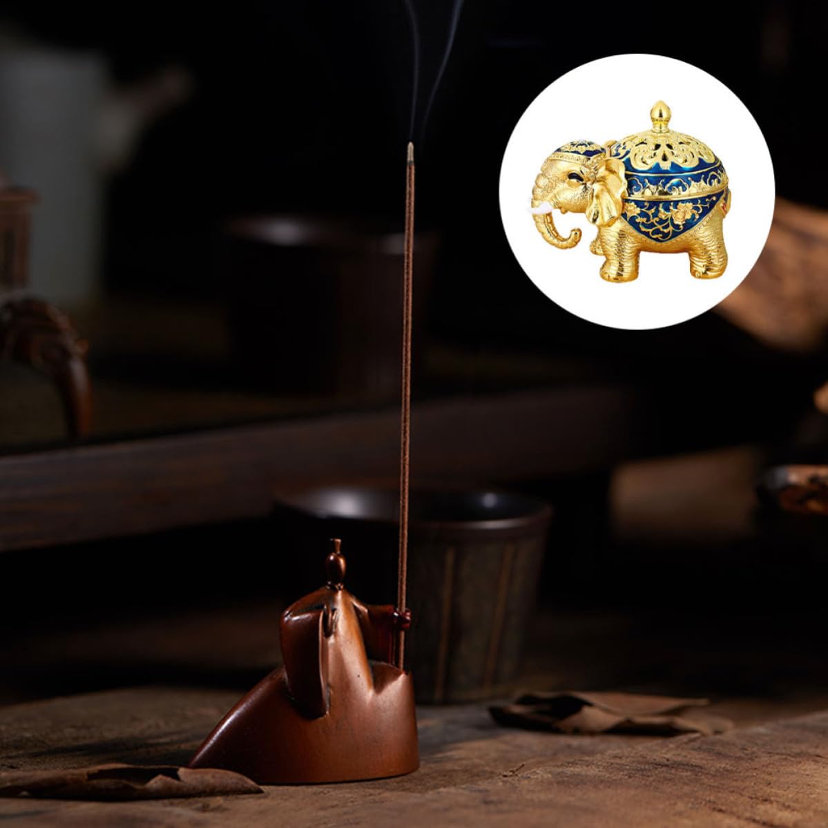 Bruciatore di Incenso Stile Retrò Artistico Elefante Blu in Lega di Zinco | Tavolo Decorativo, per Studio e Yoga, Design Lussuoso, Supporto Verticale per Incenso Cinese