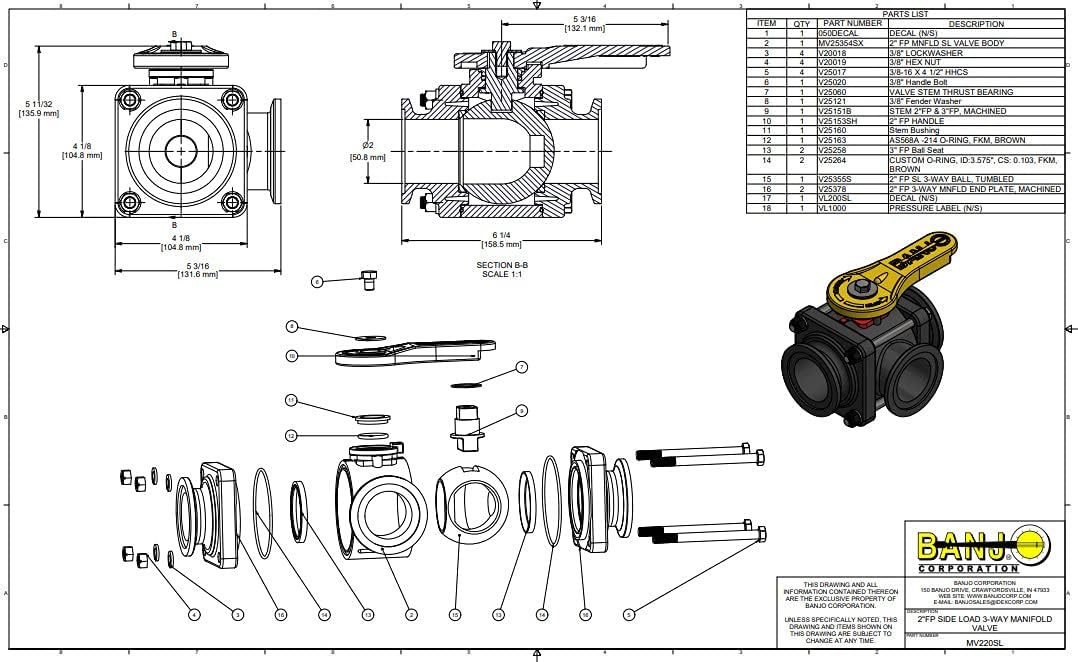 Exploded view diagram of Banjo MV220SL valve with parts list