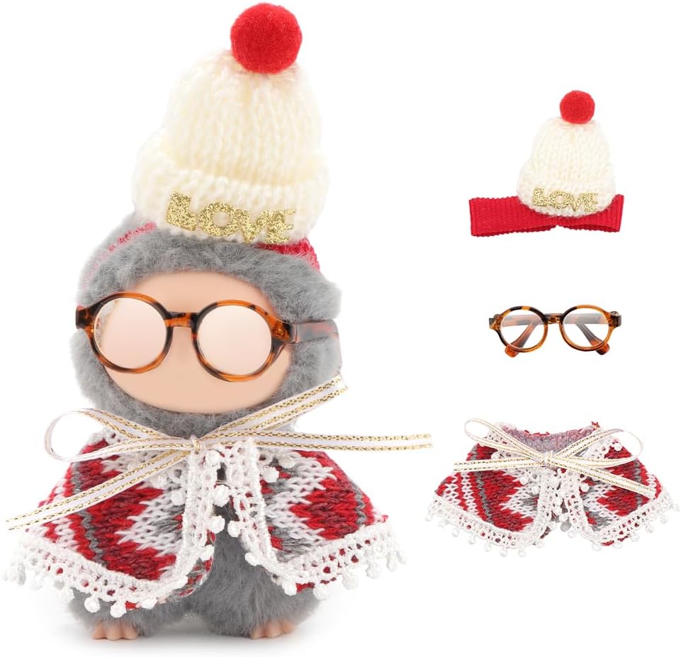 WALLFID Christmas Doll Clothes for Mini Labubu, 4-Piece Handmade Outfit Set with Dress, Bow, Scarf & Glasses, Cute Holiday Dress Up Costume for 10cm Dolls (No Doll) (style2)