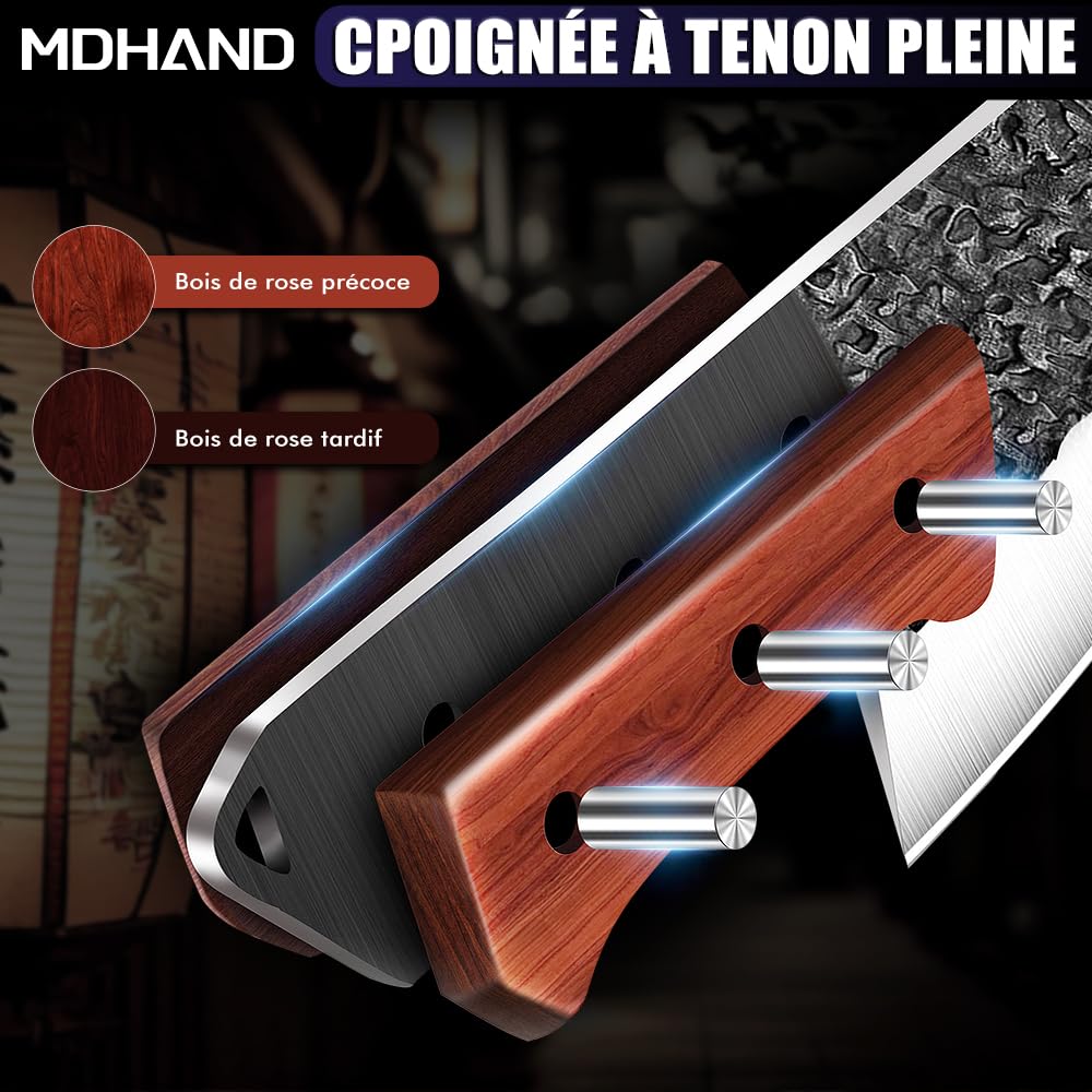Set de 4 Couteaux de Cuisine Butcher (Couteau Chef Serbe 8", Couteau à Viande 8", Couteau à Désosser 6.5", Couteau à Aiguiser 12"), Acier Inoxydable Haut Carbone, Revêtement Anti-Adhérent Martelé