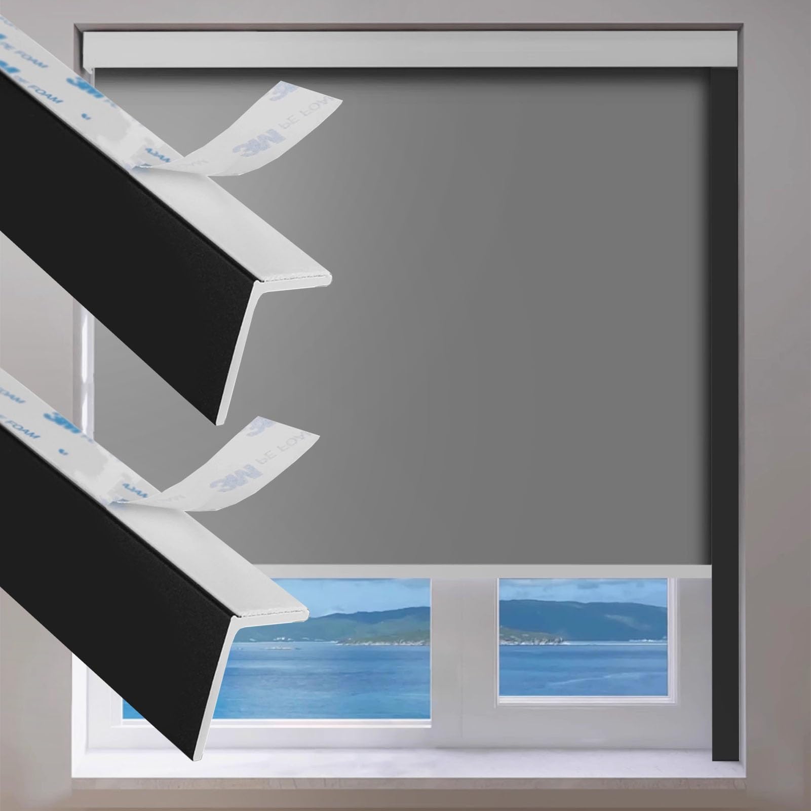 Light Gap Blockers PVC Light Blocking Adhesive Strips for Kid Room, Shower, Wall Window Shade Light Gap Blocker Decorative, L-shaped Inside Blinds Rail Custom Tracks(Black,74in/188cm)