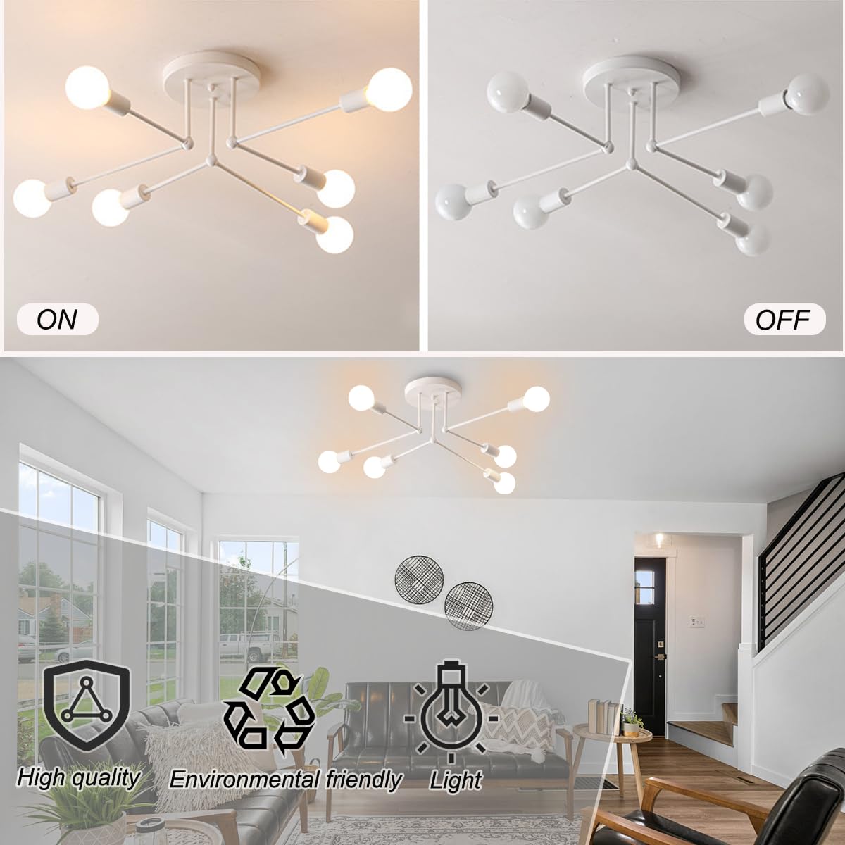 ZTWLEED Ceiling Light Vintage 6 Bulbs Industrial Ceiling Lamp White Ceiling Lamp E27 Shape Adjustable Chandelier Retro Sputnik Ceiling Light for Living Room Bedroom (Without Bulb) - Image 4