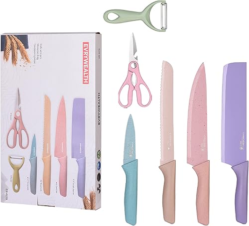 Colorful Kitchen Knives Set of 6 PCS Cute Fruit Knife Set with Gift BoxHigh Carbon Steel Kitchen Knife Set without Block Environmental Wheat Straw