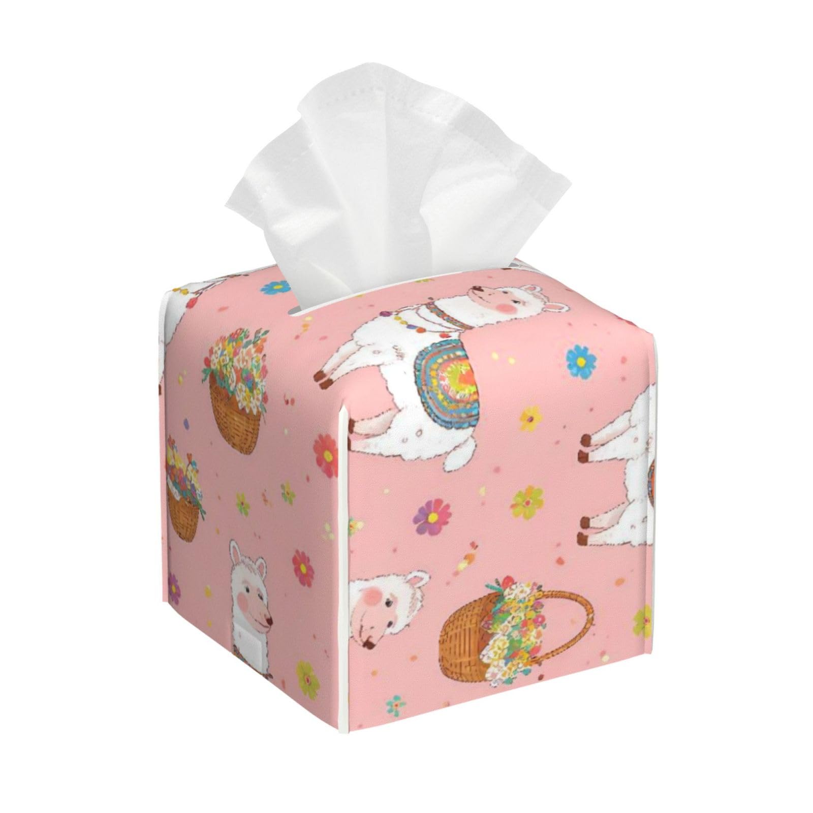 Pink Llama Leather Tissue Box Cover Holder Square Facial Paper Organizer 5.2" X 5.2" X 5.2"