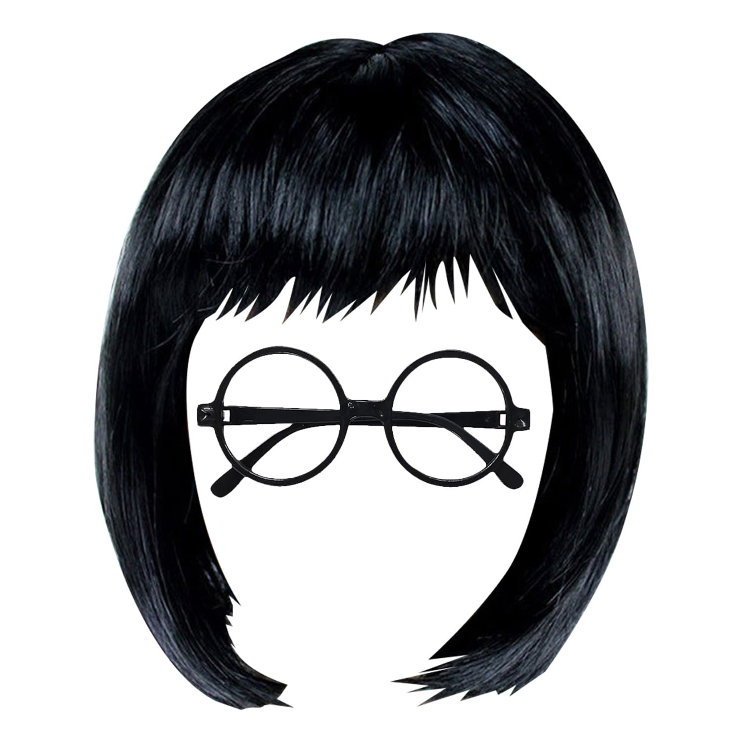 MEISH 2pcs Fashion Designer Accessory Set Black Round Glasses Black Short Bob Wig Cosplay Costume Wig Halloween Costume Night Club Wig for Film Character