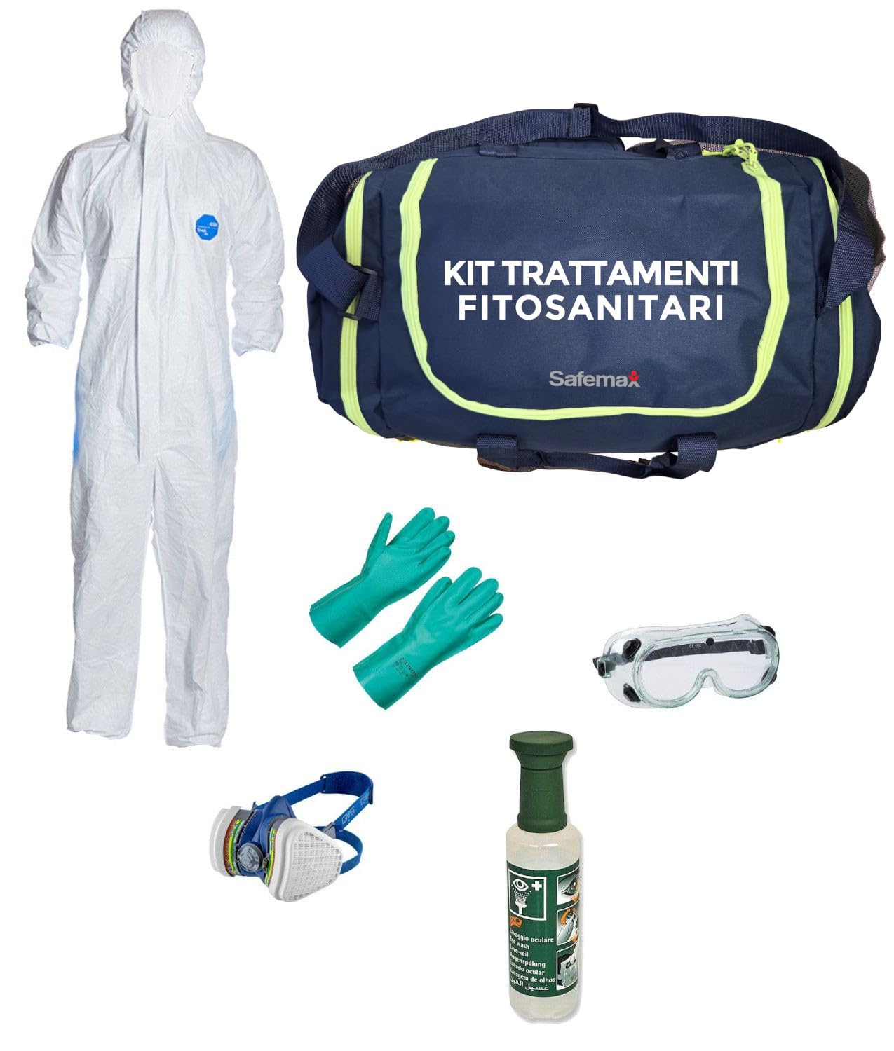 Kit Safemax con articoli per trattamenti fitosanitari, borsa in poliestere con accessori utili per il trattamento e la manipolazione di prodotti fitosanitari