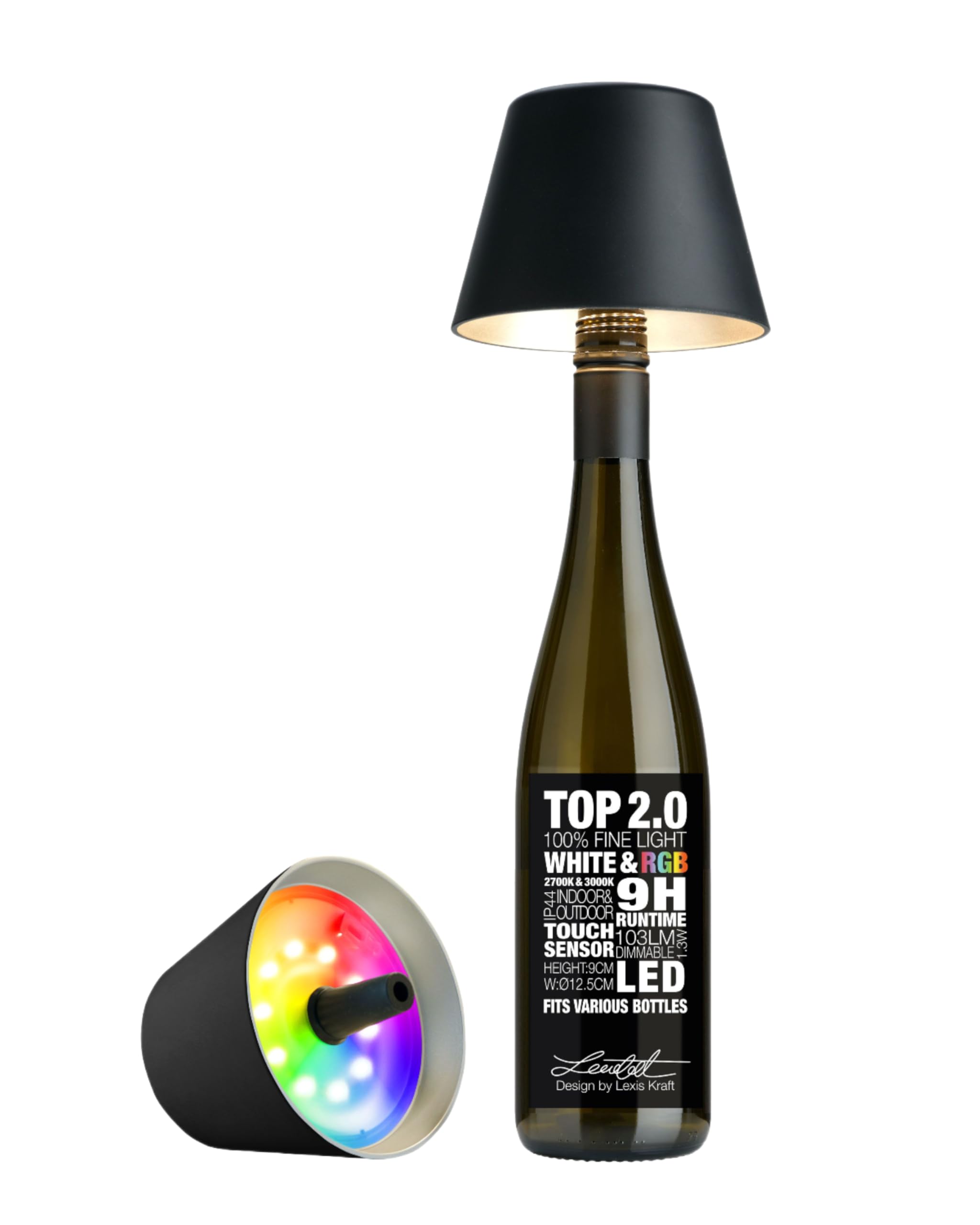 sompexWireless Top Bottle Lamp, 14 Light Colors, IP44 Splash Proof, Wine Bottle Light for Indoor and Outdoor, Matte and Glossy Finish, Up to 40 hours battery life, Rechargeable Plastic Lamp, Black