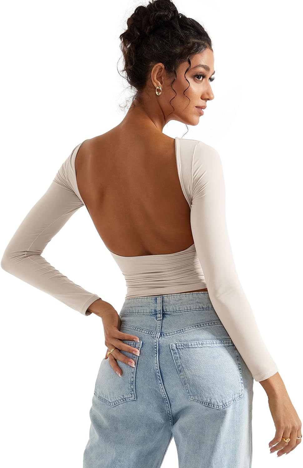 SUUKSESS Women Backless Going Out Tops Double Lined Open Back Basic Long Sleeve - Image 3