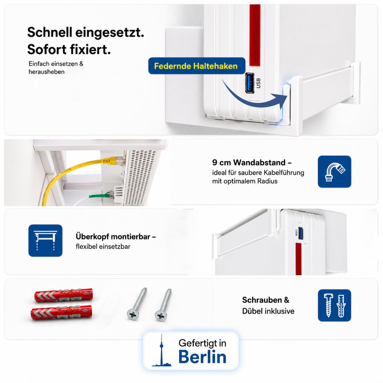 OSAZEE Wandhalterung für AVM FritzBox 5690 Pro – 9 cm Wandabstand für optimale Kabelführung – Überkopf & Untertisch montierbar – inkl. Schrauben & Dübel – Made in Berlin