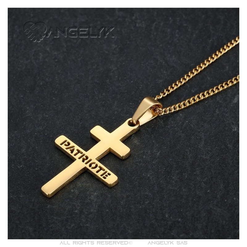 BOBIJOO Jewelry - Złoty wisiorek z krzyżem Lotaryngii - Patriota - stal nierdzewna - łańcuszek kubański 55 cm