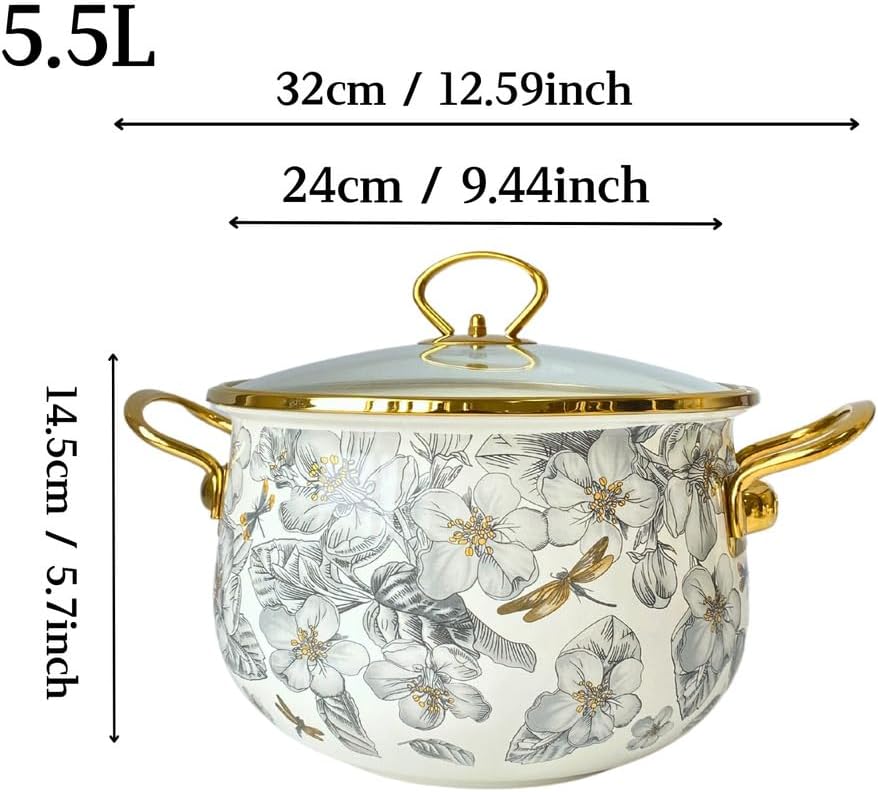 Enamel Stockpot with Lid,Soup Pot with Ceramic Coating, Nonstick Ceramic Cooking Pot, Induction Compatible Stockpot for Gumbo, Stew, Boil, Pasta,Sauce All Stove Compatible,5.5L