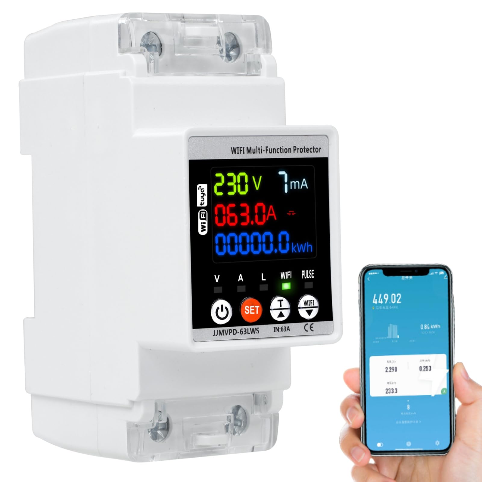 Jadeshay Stabilizzatore di Tensione 220v, 63A 230v Dispositivo di Protezione da Sovratensione Misuratore Consumo Elettrico WiFi su Guida DIN con Schermo a Colori(WiFi)