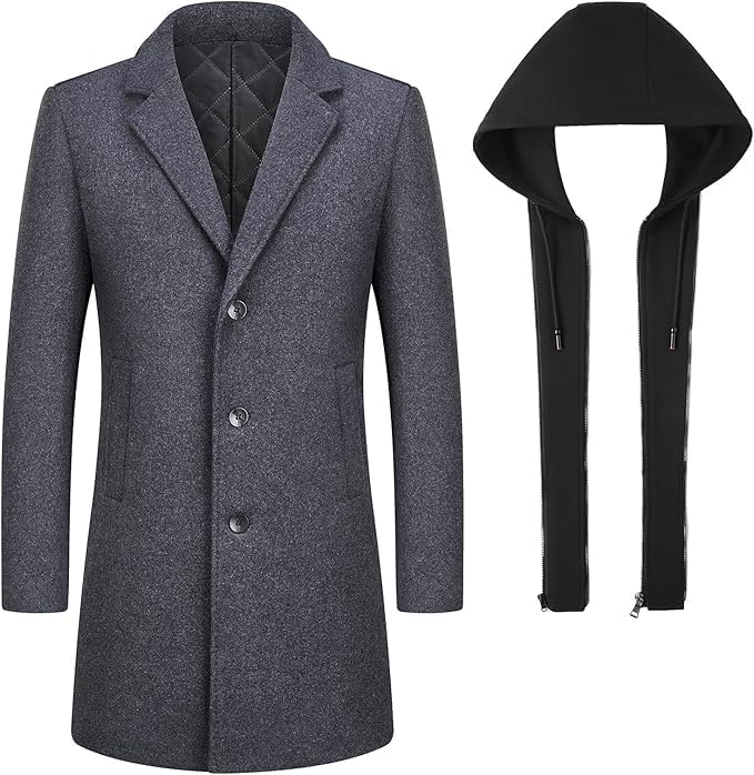 Lamgool Men's Winter Wool Blend Long Coat Single Breasted Overcoat with Removable Hood - Image 2