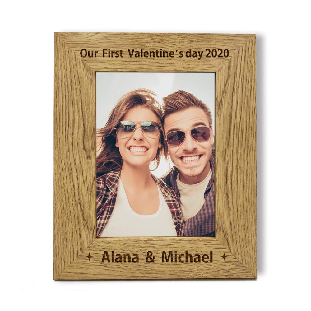 Edsg Personalised Photo Frame Laser Engraved 7"X5" Valentine's Day Wood Photo Frame Custom Gift With Any Date Any Name Any Text (Portrait, Valentine's Day)