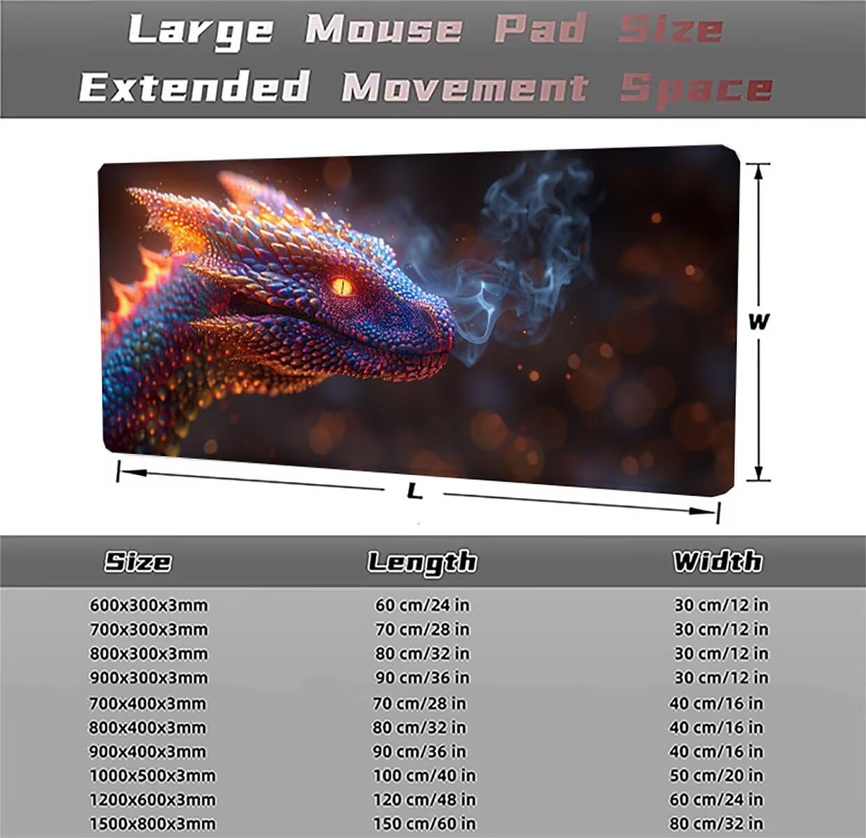 Tappetino per Mouse Gaming XXL 1200x600x3mm– Ufficio Mousepad Grande – Migliora la Velocità e la Precisione Tenuta Stabile Sottomano per Ufficio e Casa Accessori Scrivania Drago PjY11059 N-U