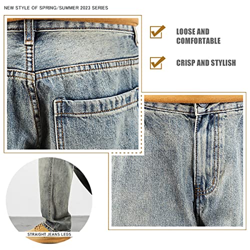 Men's Baggy Jeans Relaxed Straight Leg Jeans Washed Denim Loose Fit Work Dungaree Yellow Mud 314