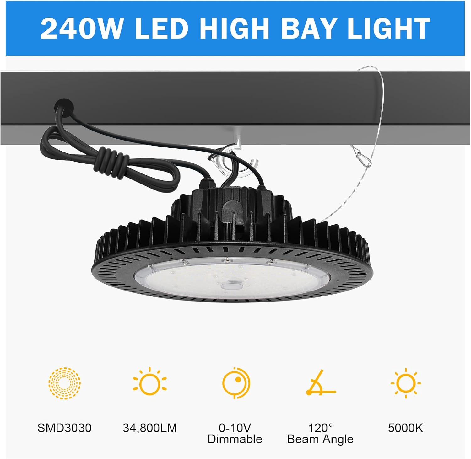 240W High Bay LED Shop Lights UL Listed 34800LM UFO LED High Bay Light 5000k 0-10V Dimmable IP65 for Warehouse Garage