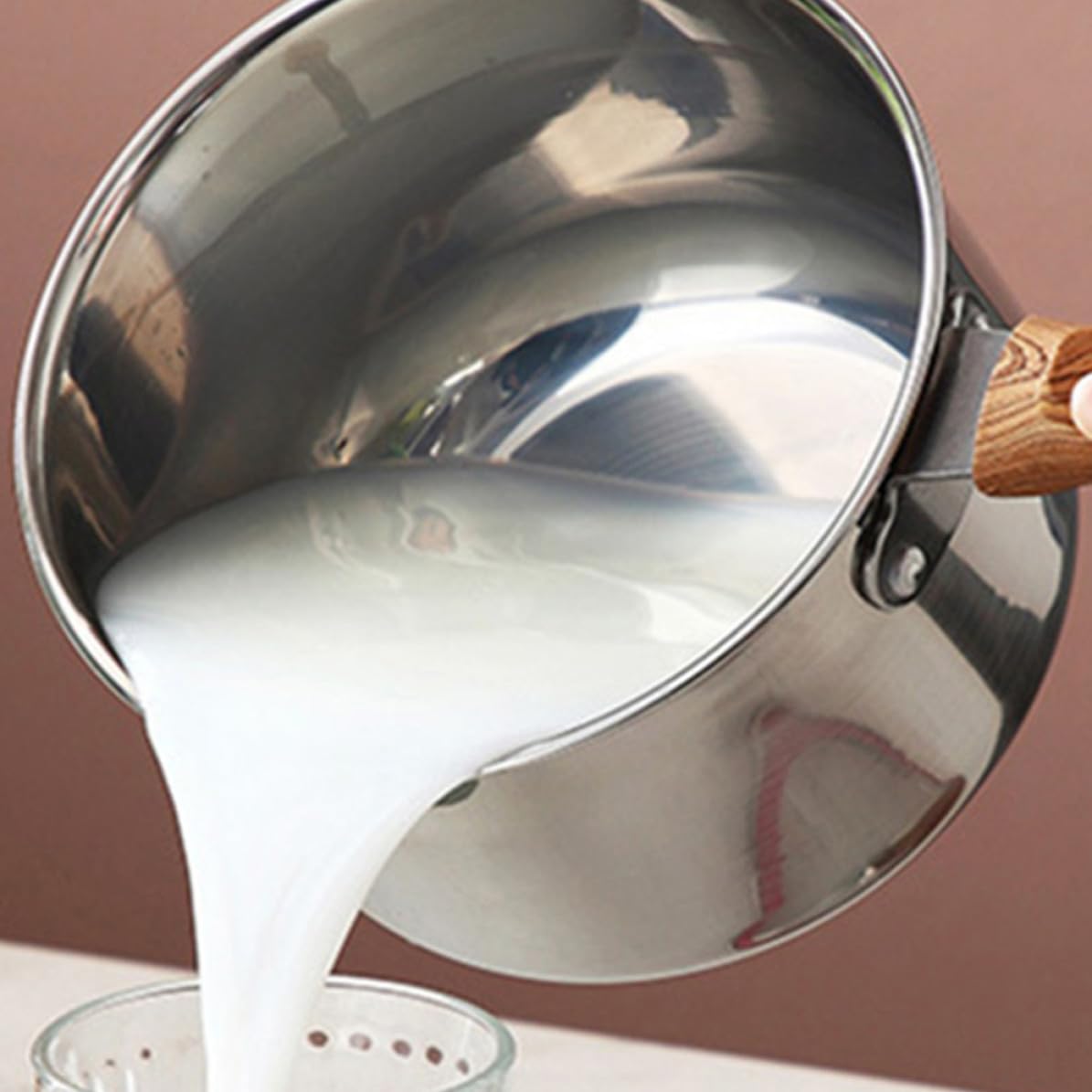 Olla de Leche de Acero Inoxidable para Cocinar Alimentos Infantiles con Mango de Madera Cómodo Rebabas, Adecuado para Preparar Sopas y Guisos en Casa