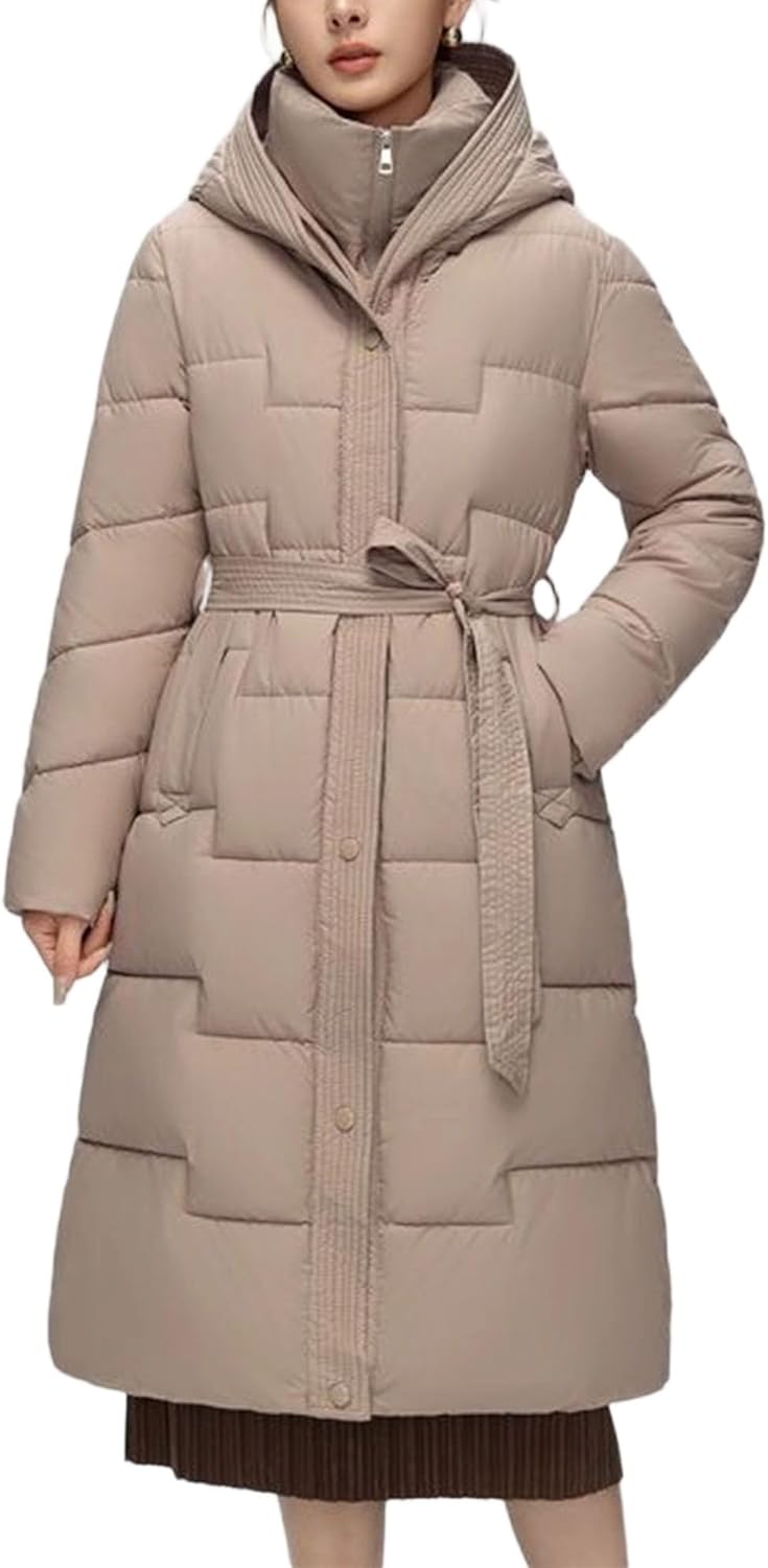 Women’s Long Hooded Puffer Coat Quilted Slim Fit Down Jacket Winter Coats with Belt Warm Winter Coat for Women