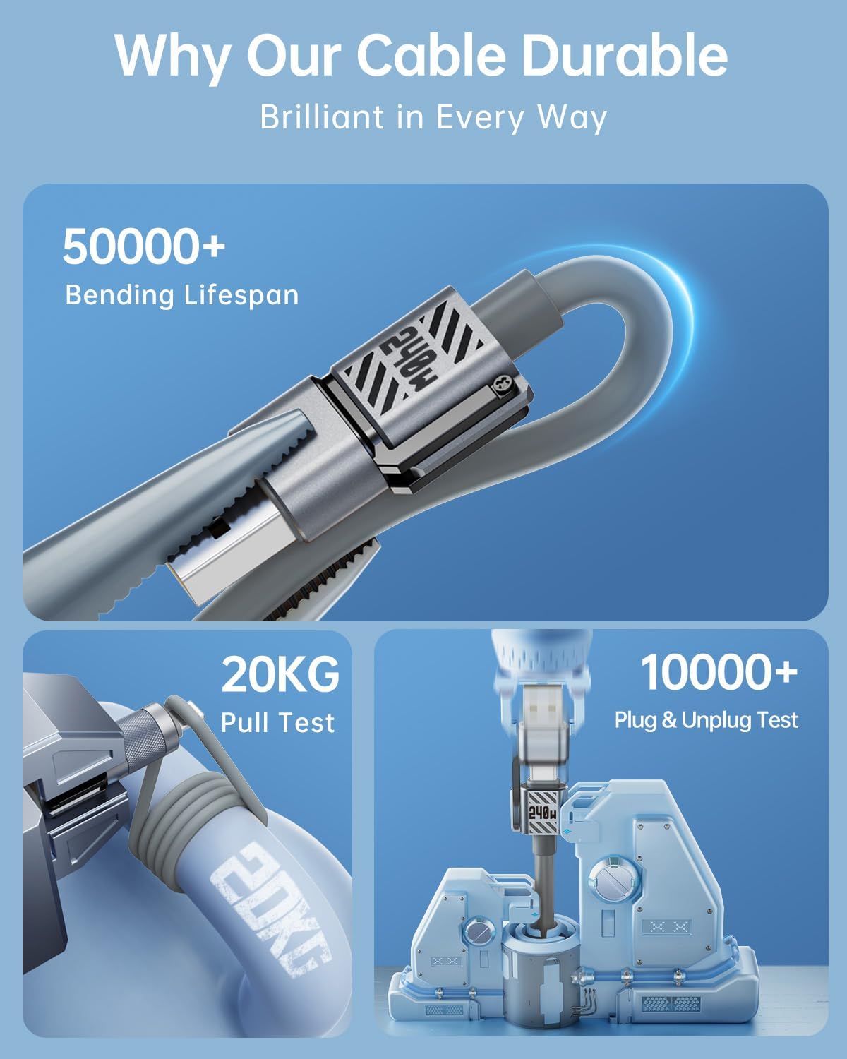4 in 1 Multi USB C Cable 240W Fast Charging & Data Transfer, Thicker Silicone Multiple Charger Cord for iPhone iPad Charger Wire Combo with L/Type C/USB A for iPhone 16/15/Macbook, 5FT (Grey)