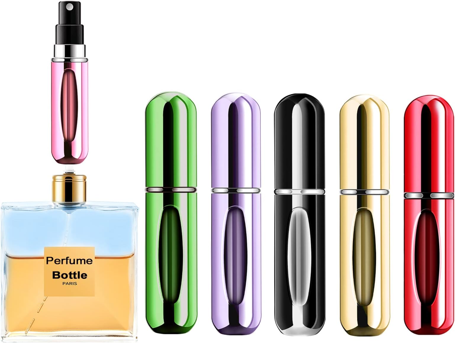 Portable Mini Perfume Atomizer Bottle, Atomizer Perfume Spray, Scent Pump Case, Refillable Travel (5ml, 5 Pack) (Purple, Gold, Green, Red, Black)