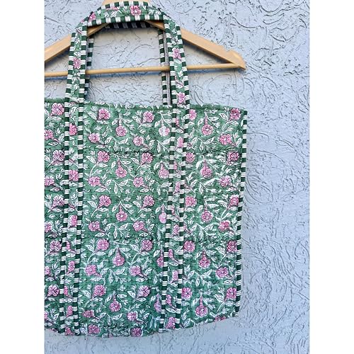 Image of Quilted Cotton Hand printed Reversible Large multicolor cotton Tote Bag,Indian Handmade Block Printed Tote Bag Women Handbag