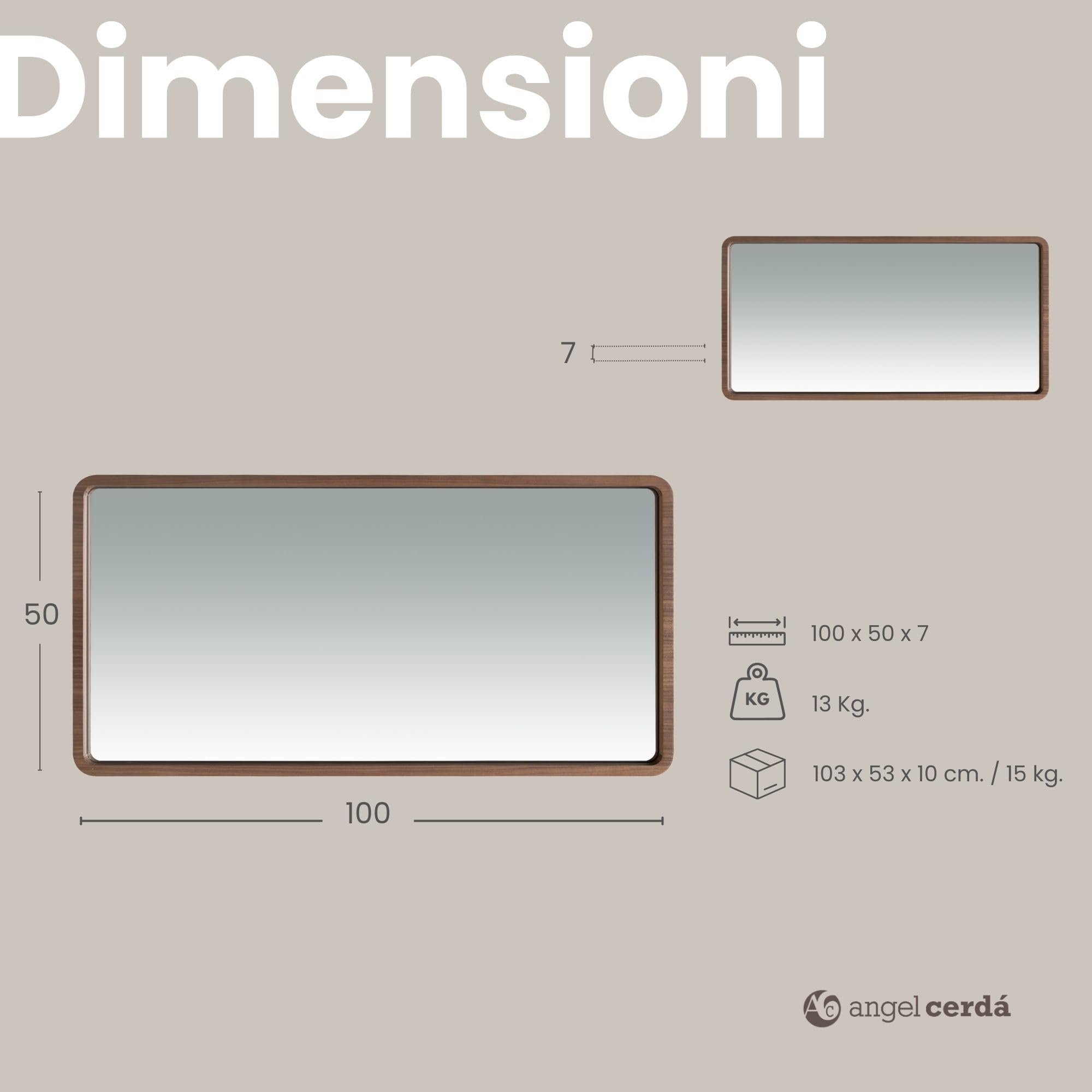Angel Cerdá – Specchio da Parete Moderna Rettangolare con Cornice in Legno Noce | Grande Specchio di Design per Soggiorno, Camera da Letto o Ingresso | Decorazione Elegante | 100 x 50 x 7 cm