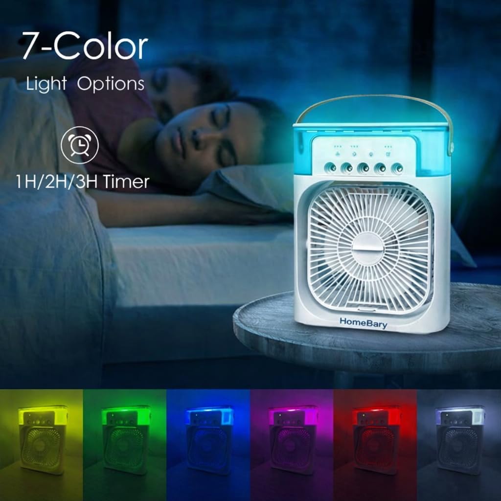 Portable Air Cooler Fan with LED Light, Water Tank, Timer, 3 Speed Settings, White, Desktop Evaporative Cooler 4