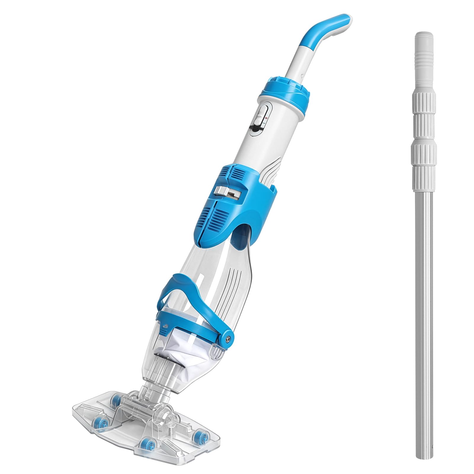 LEADZM Poolsauger Akku, Handsauger, Bodensauger bis zu 60 Minuten, Absaugung bis zu 4300L/H, Pool Sauger mit 250cm Teleskopstange, Poolreiniger mit 2 Filter (Blau)