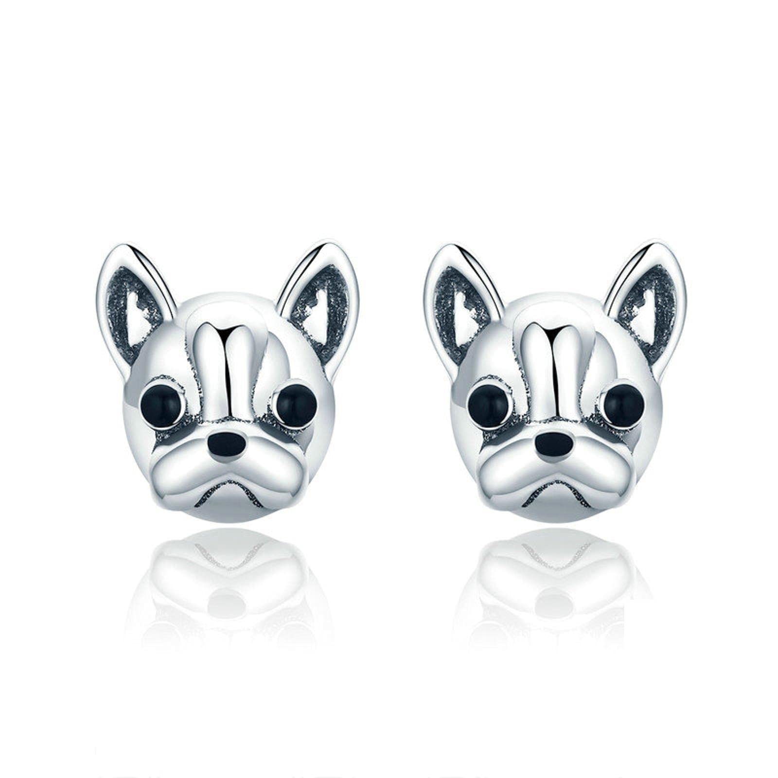 Salan Women's Silver 925 Sterling Loyal Partners French Bulldog Dog Animal Small Stud Earrings For Jewelry