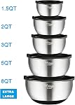Mixing Bowls Set of 5, Wildone Stainless Steel Nesting Mixing Bowls with Lids, Measurement Lines & Silicone Bottoms, Size 8, 5, 3, 2, 1.5 QT, Non-Slip & Stackable Design, Great for Mixing and Prepping