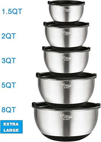 Miniatura 2 de Wildone Cuencos para mezclar con tapas herméticas, juego de 5 cuencos de mezcla de acero inoxidable, con fondo de silicona antideslizante, tamaño 8